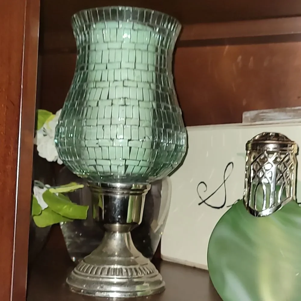 Mosaic Pale Sea Green Blue Clear Glass Pedestal Decor Candle Holder Set